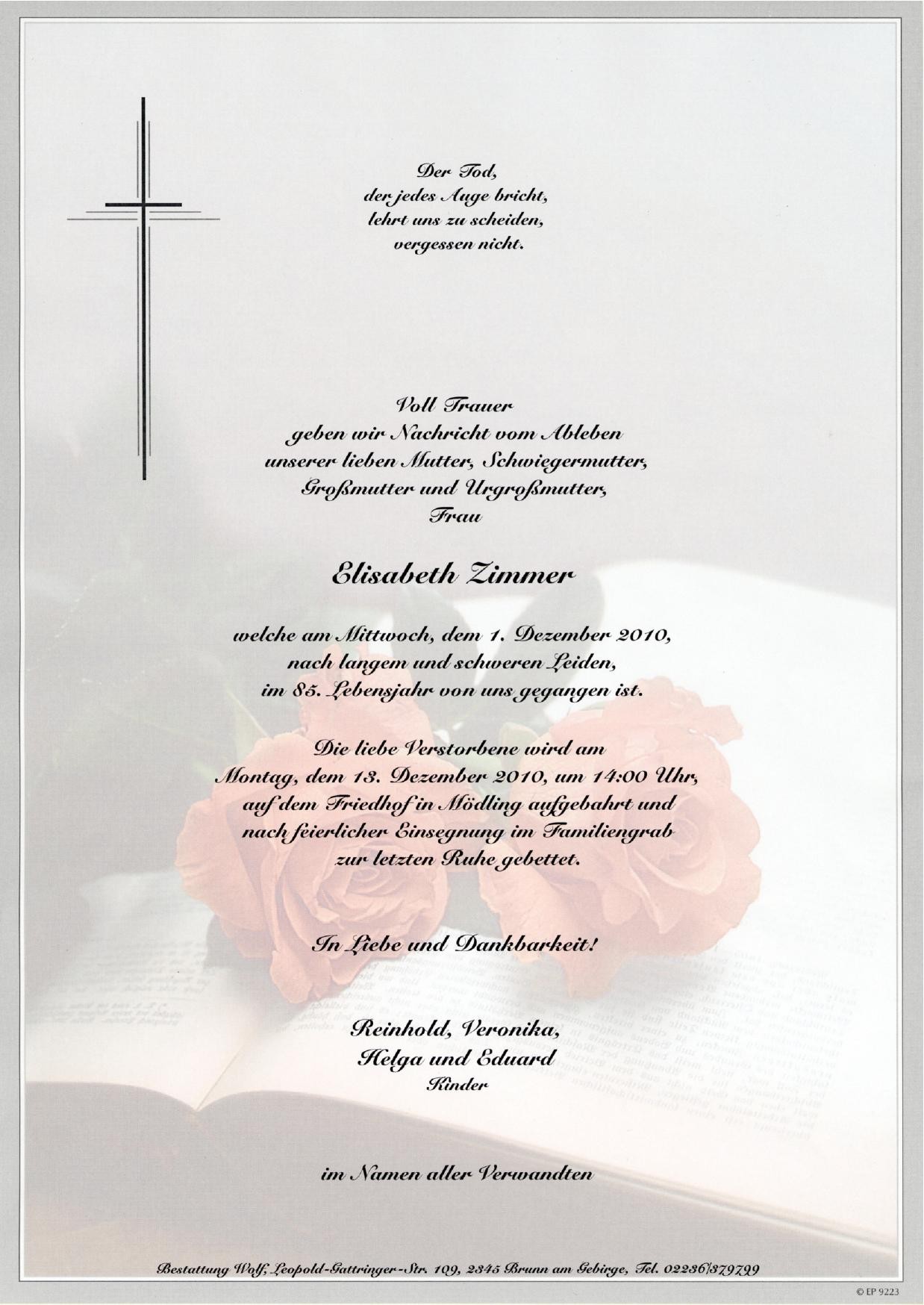 Traueranzeige von Elisabeth Zimmer