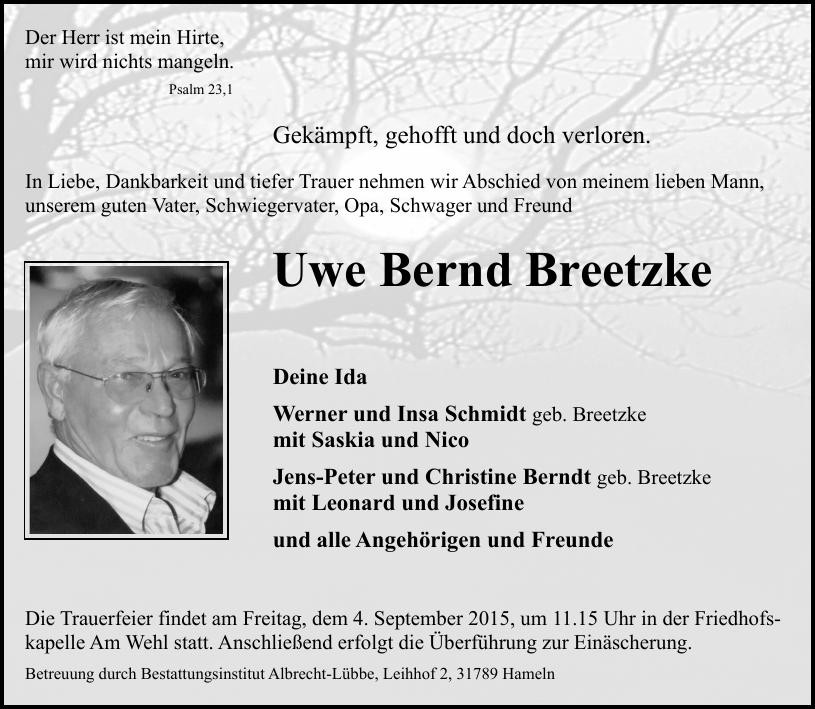 Traueranzeige von Uwe Bernd Breetzke
