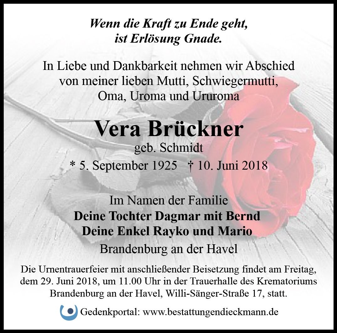 Traueranzeige von Vera Brückner