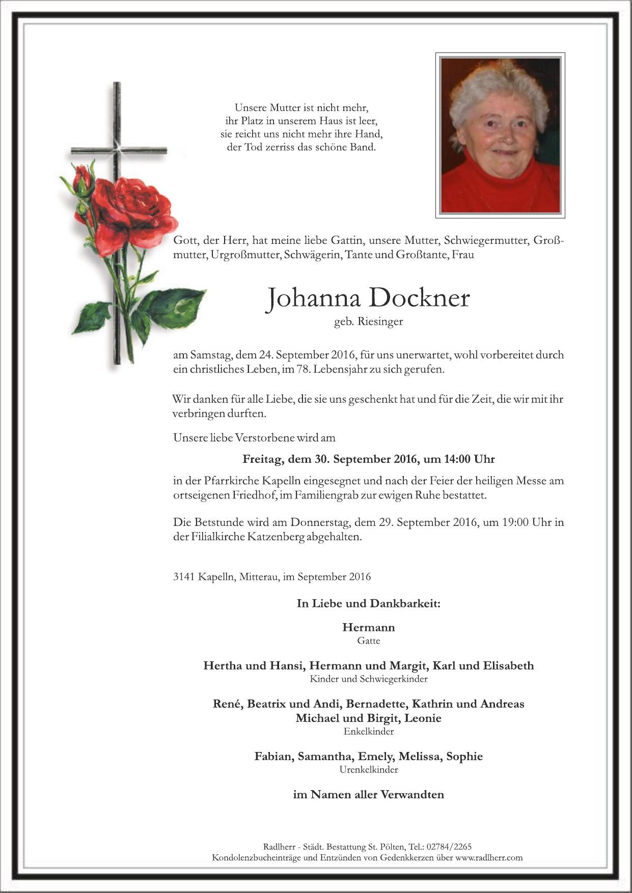 Traueranzeige von Johanna Dockner