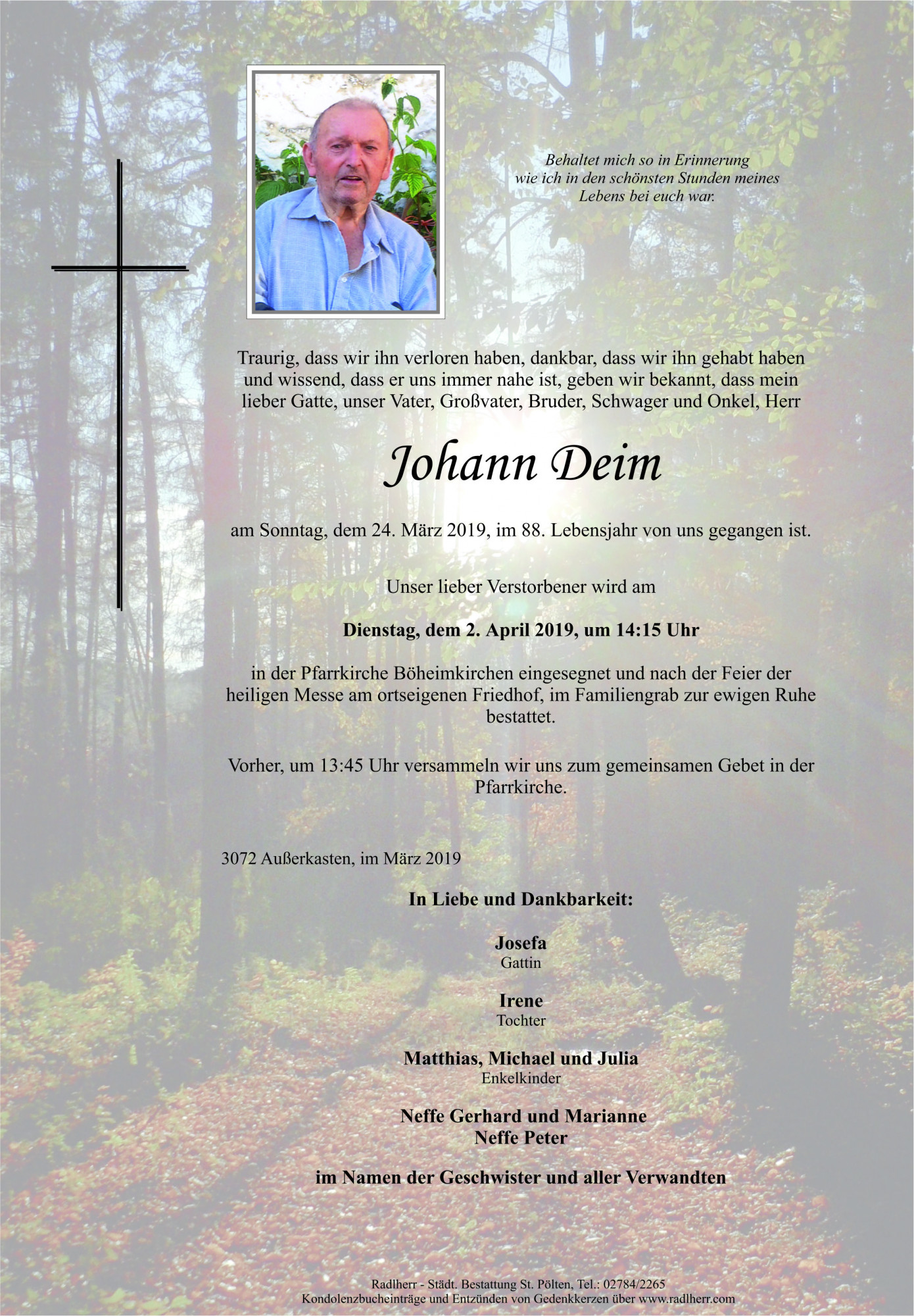 Traueranzeige von Johann Deim