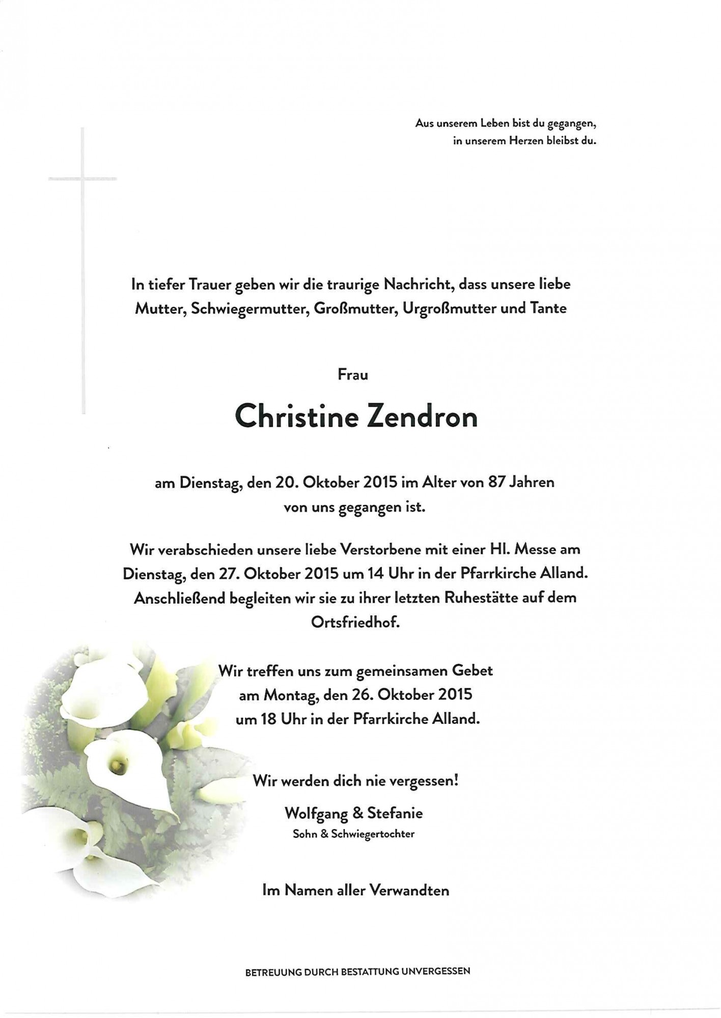 Traueranzeige von Christine Zendron