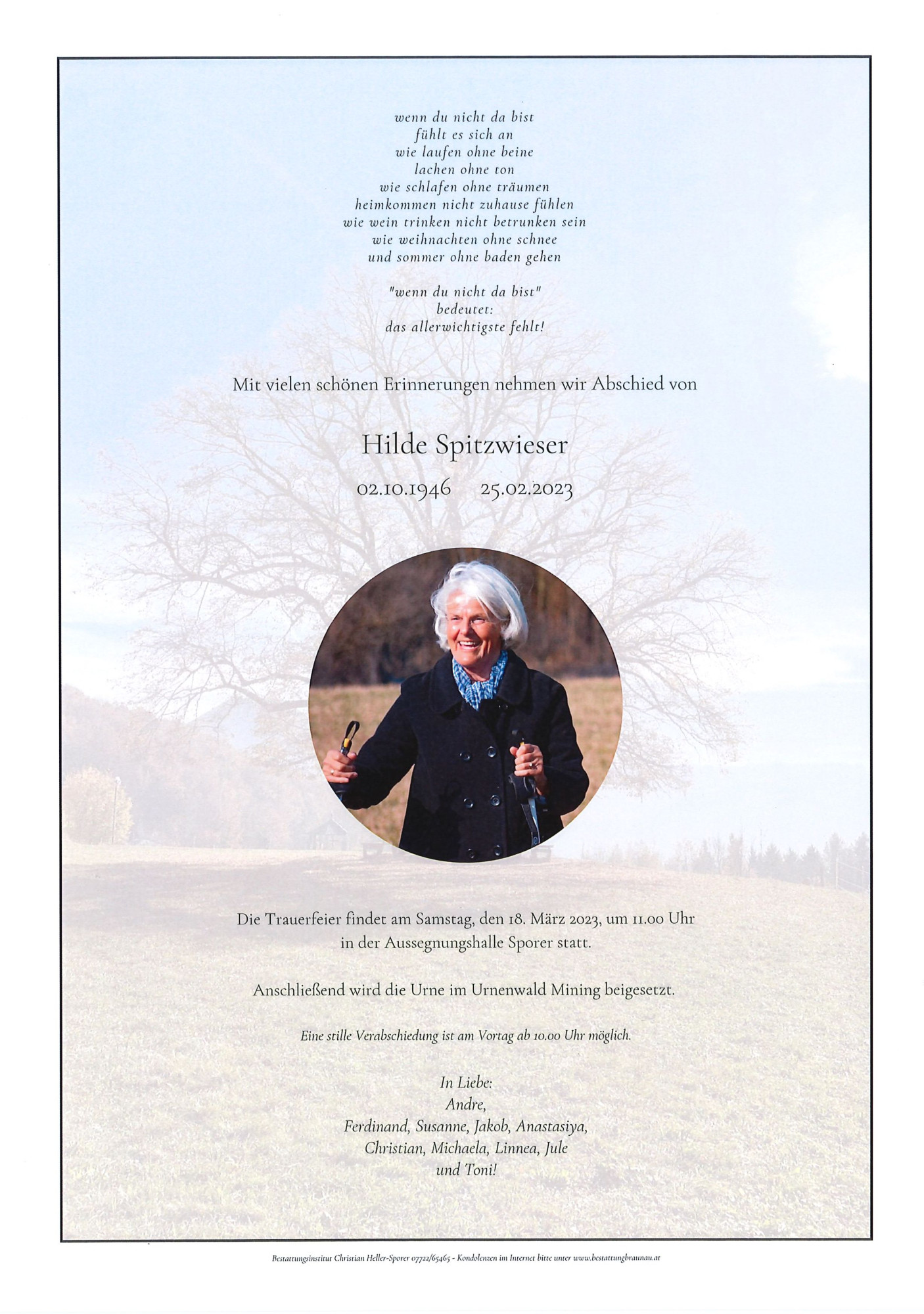 Traueranzeige von Hildegard Spitzwieser