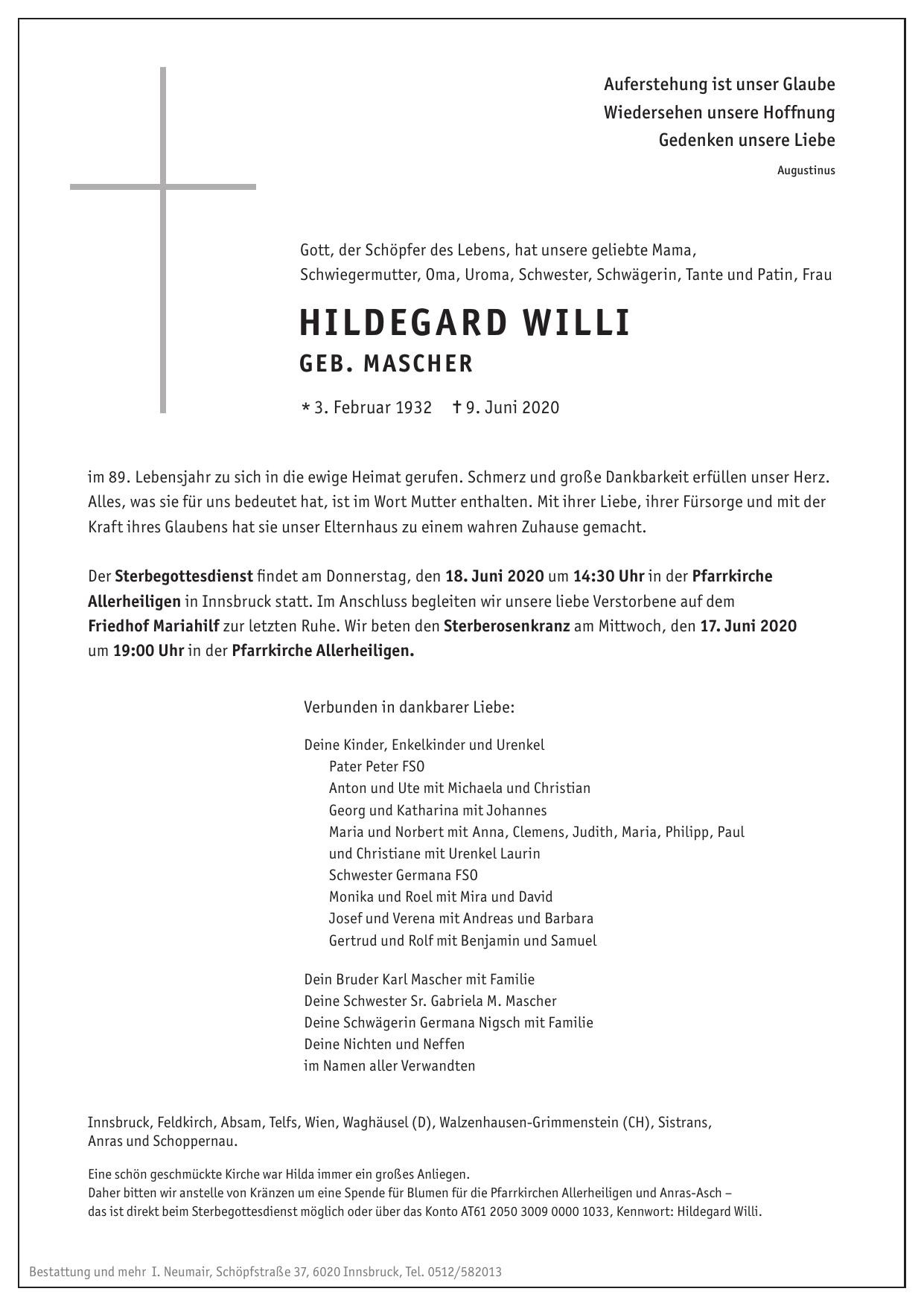 Traueranzeige von Hildegard Willi