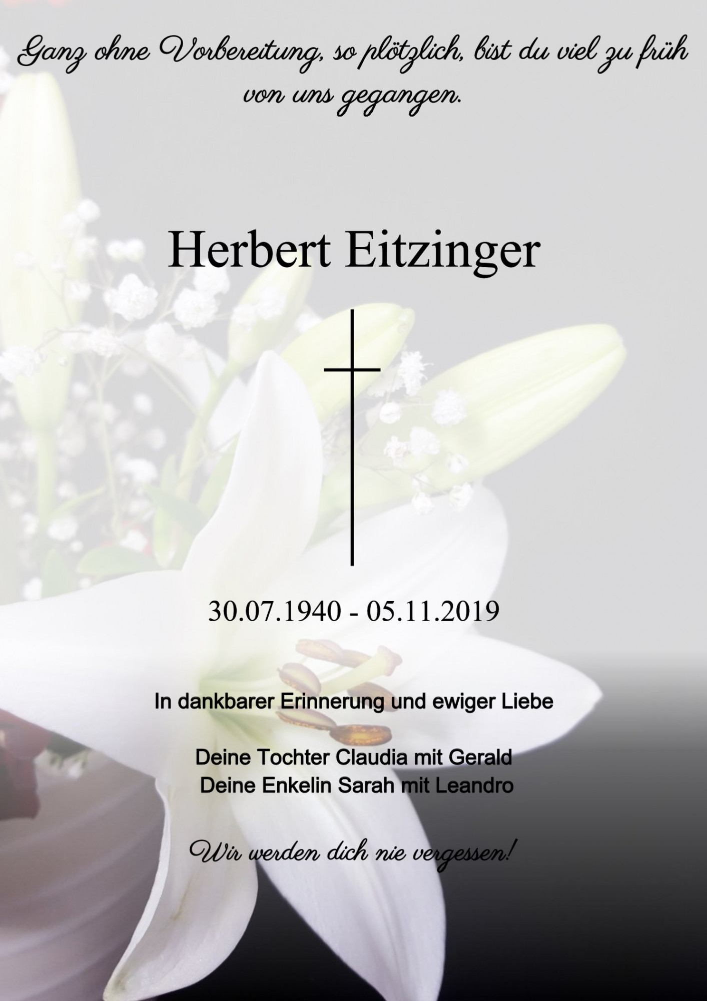 Traueranzeige von Herbert Eitzinger