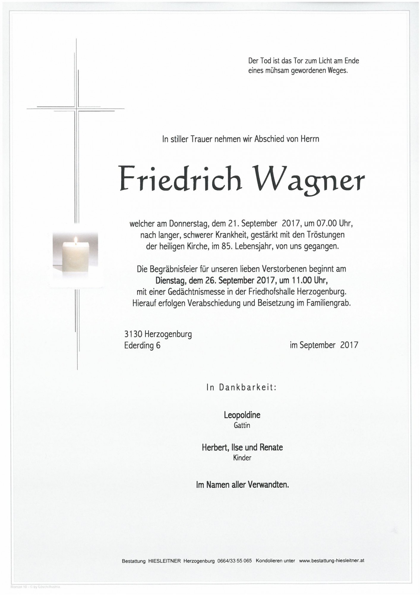 Traueranzeige von Friedrich Wagner