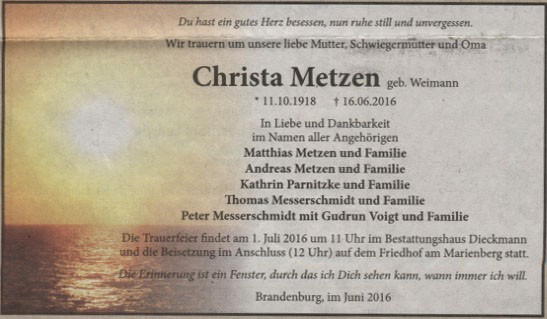 Traueranzeige von Christa Metzen