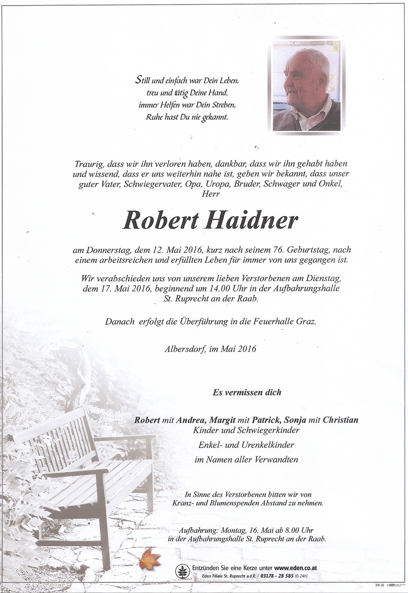 Traueranzeige von Robert Haidner