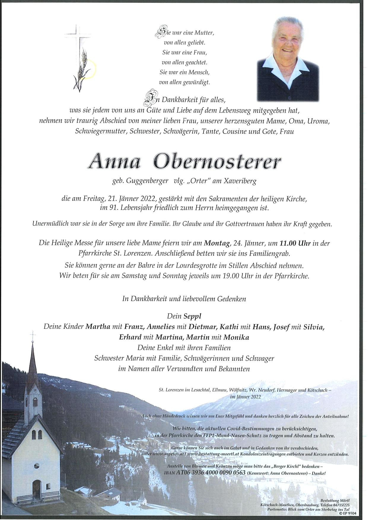 Traueranzeige von Anna Obernosterer