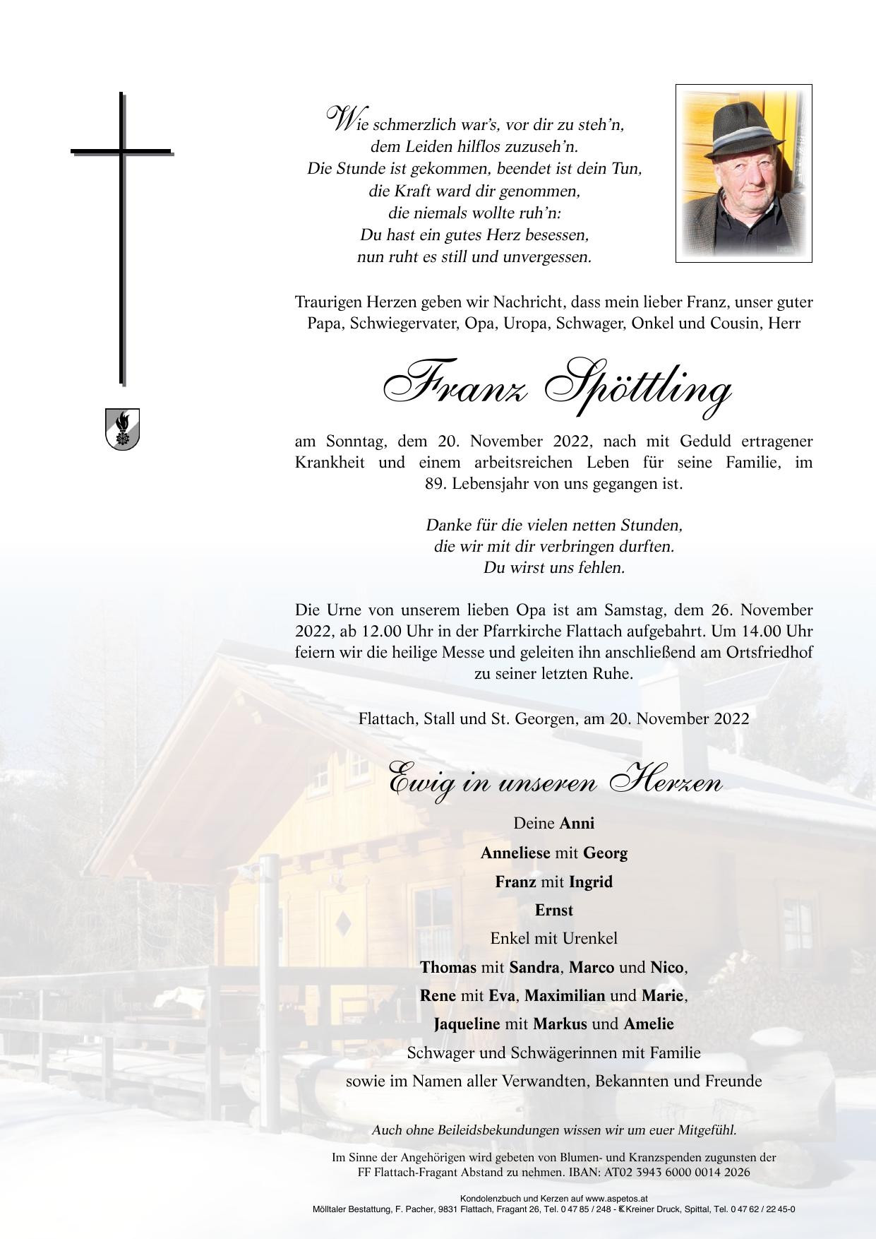 Traueranzeige von Franz Spöttling