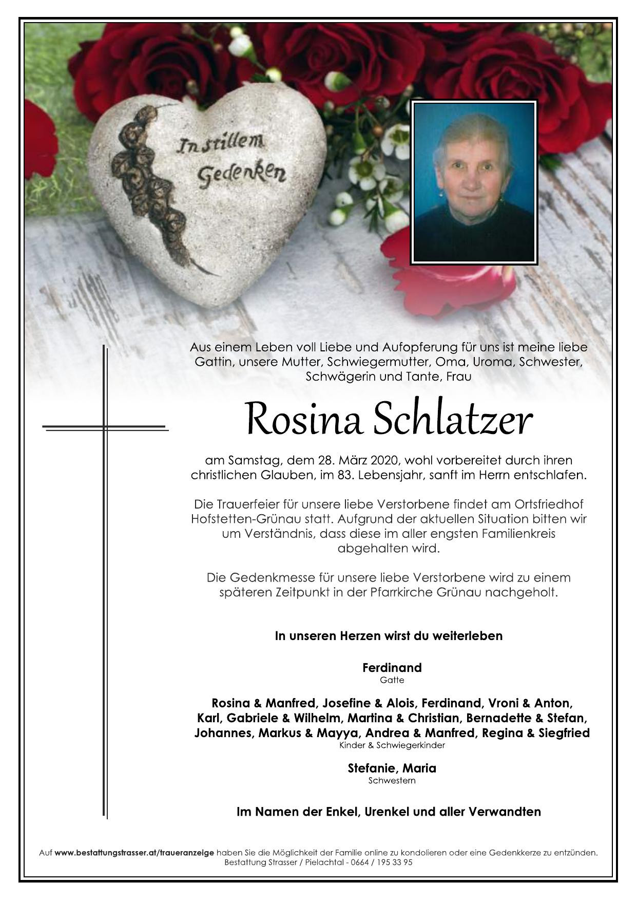 Traueranzeige von Rosina Schlatzer