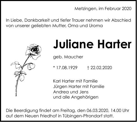 Traueranzeige von Juliane Harter