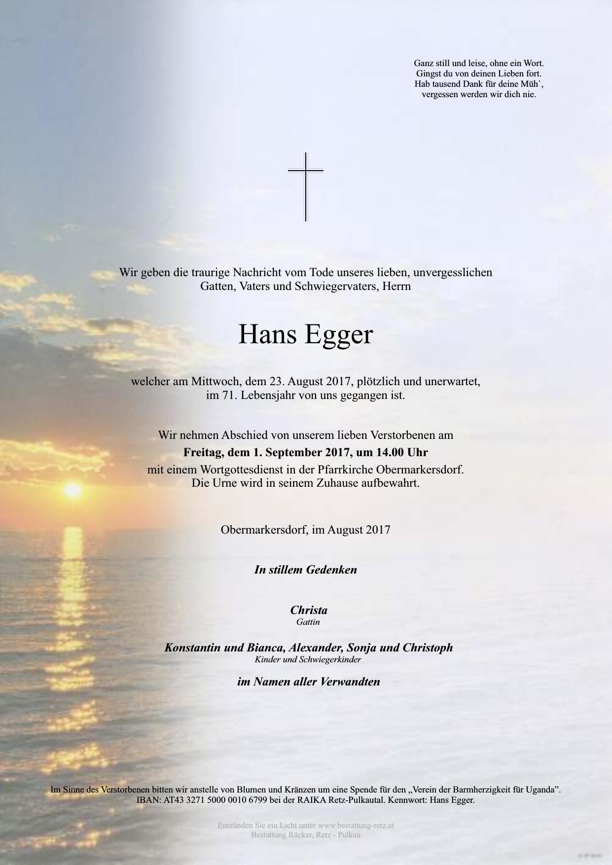 Traueranzeige von Hans Egger