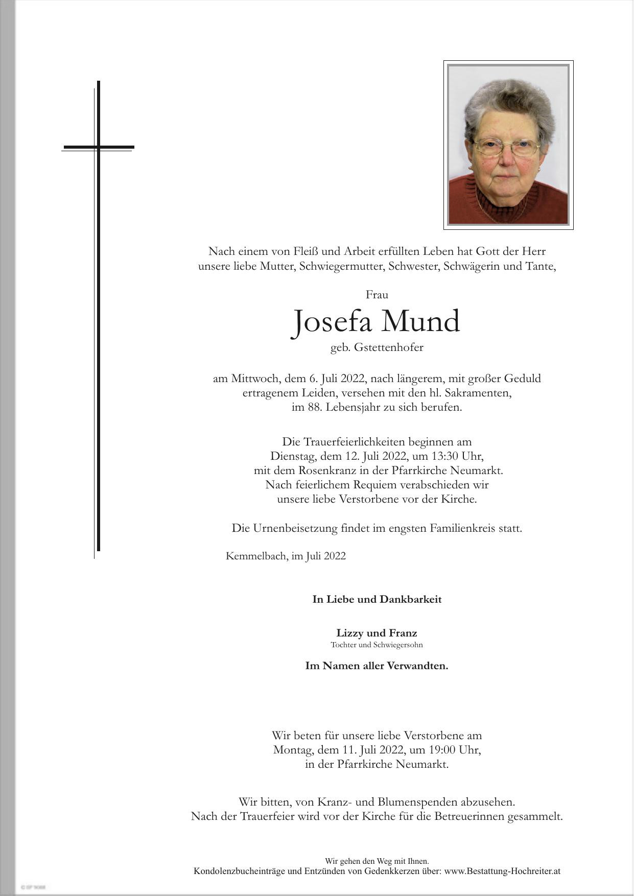Traueranzeige von Josefa Mund