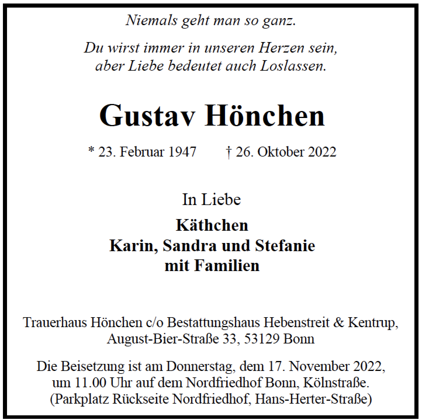Traueranzeige von Gustav Hönchen