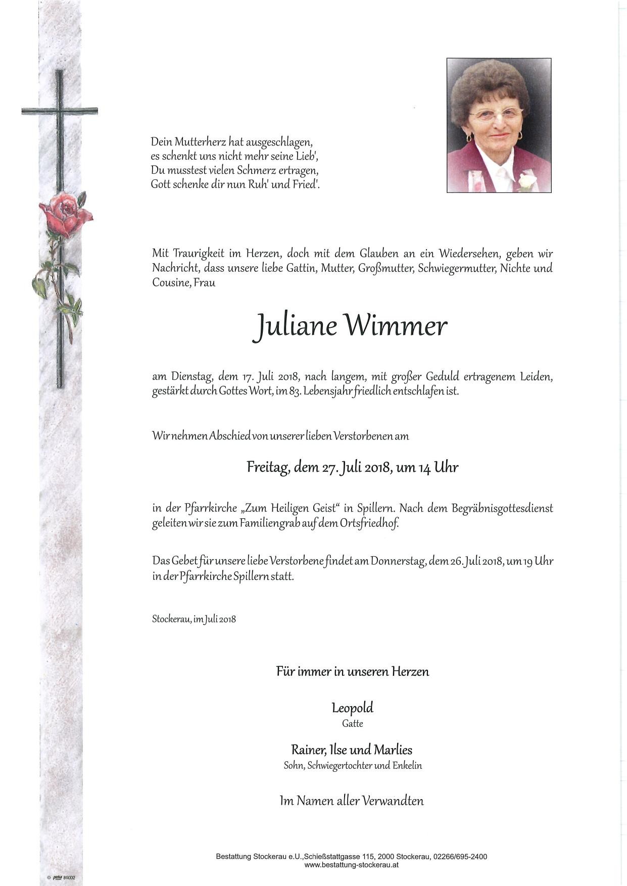 Traueranzeige von Juliane Wimmer