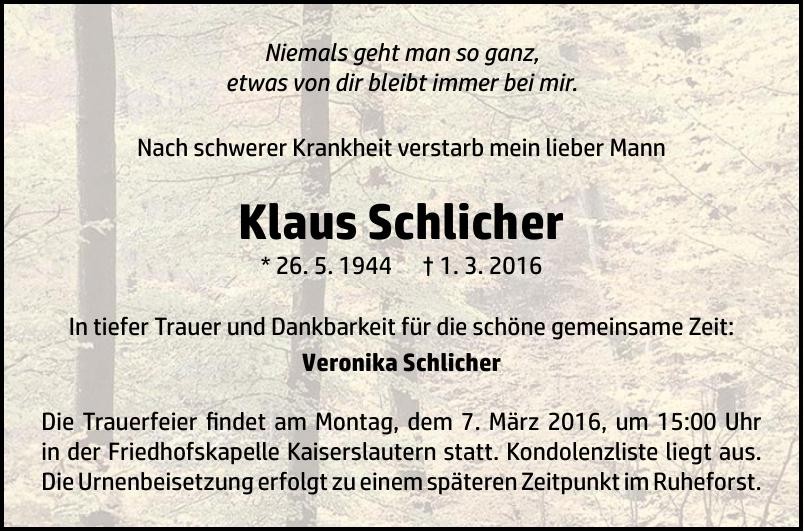 Traueranzeige von Klaus Ulrich Schlicher