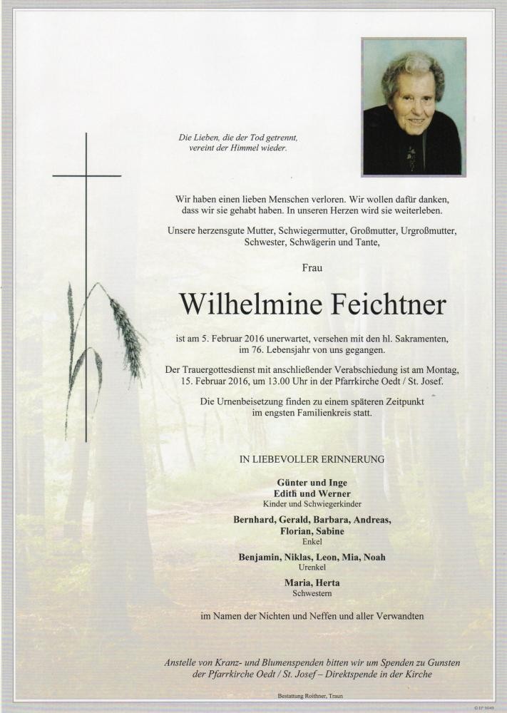 Traueranzeige von Wilhelmine Feichtner