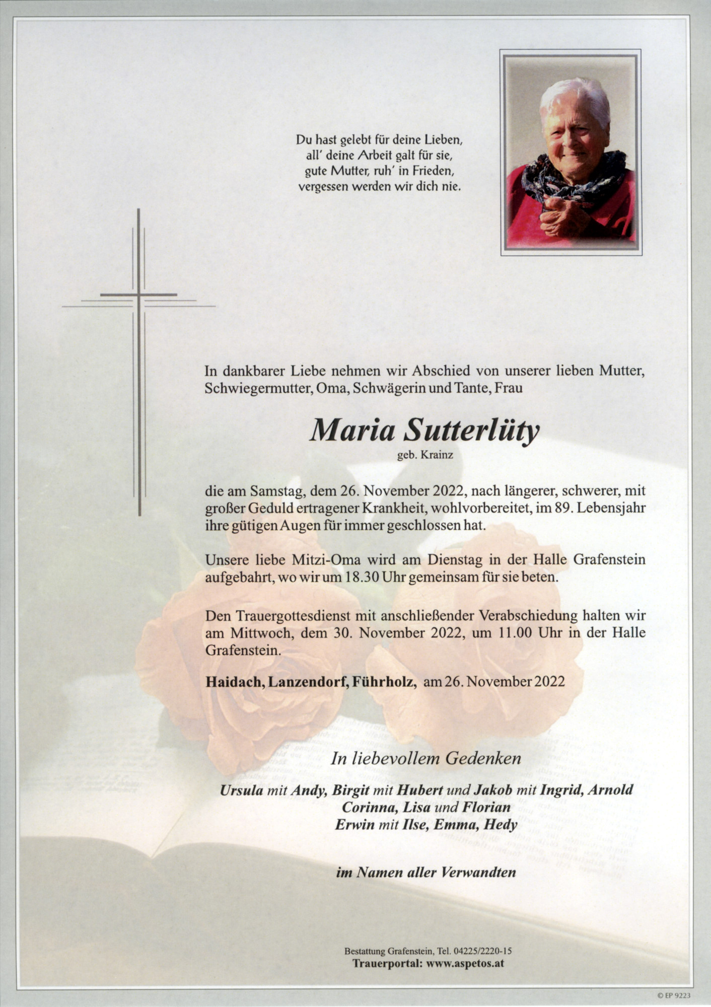 Traueranzeige von Frau Maria Sutterlüty