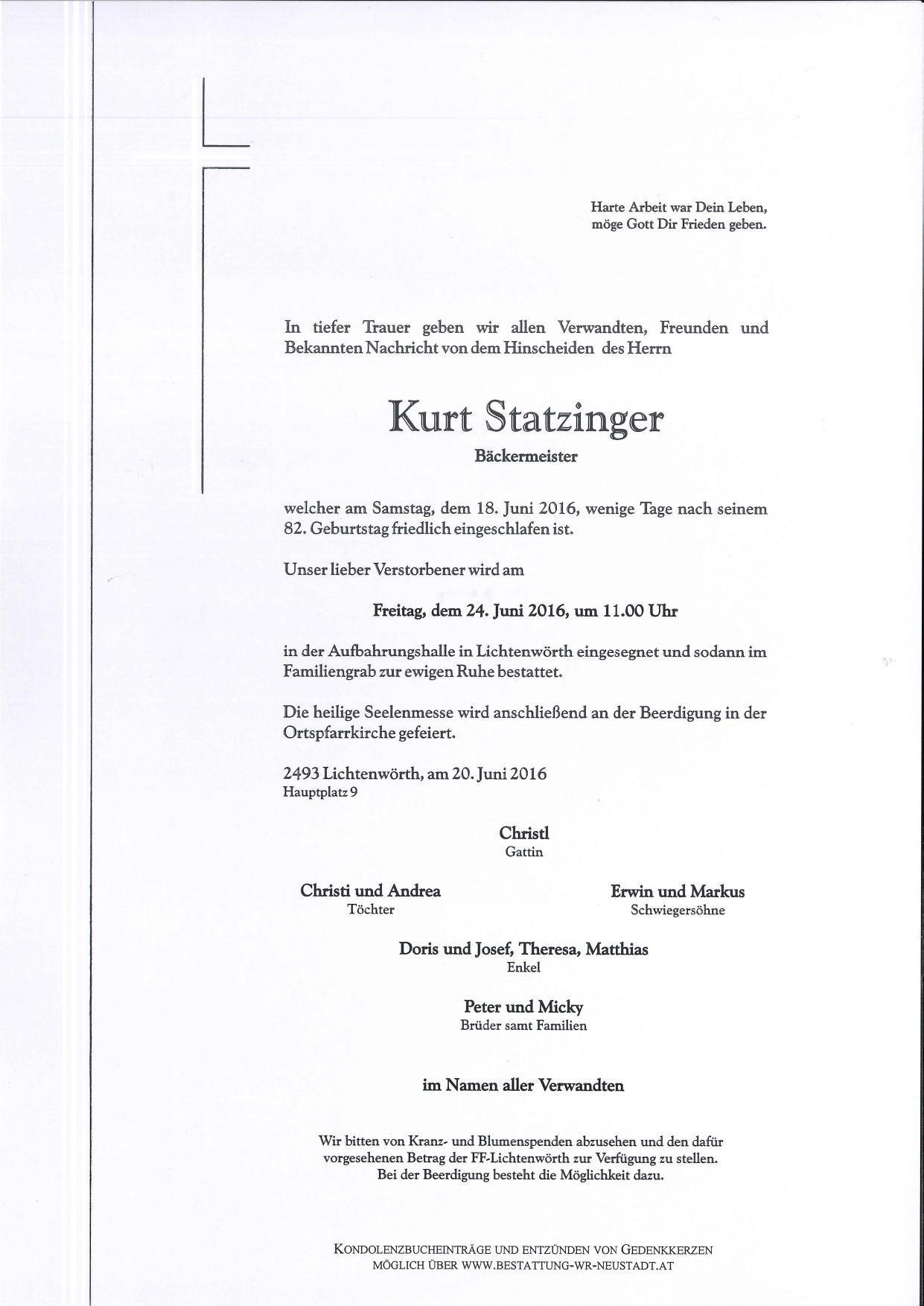 Traueranzeige von Kurt Statzinger
