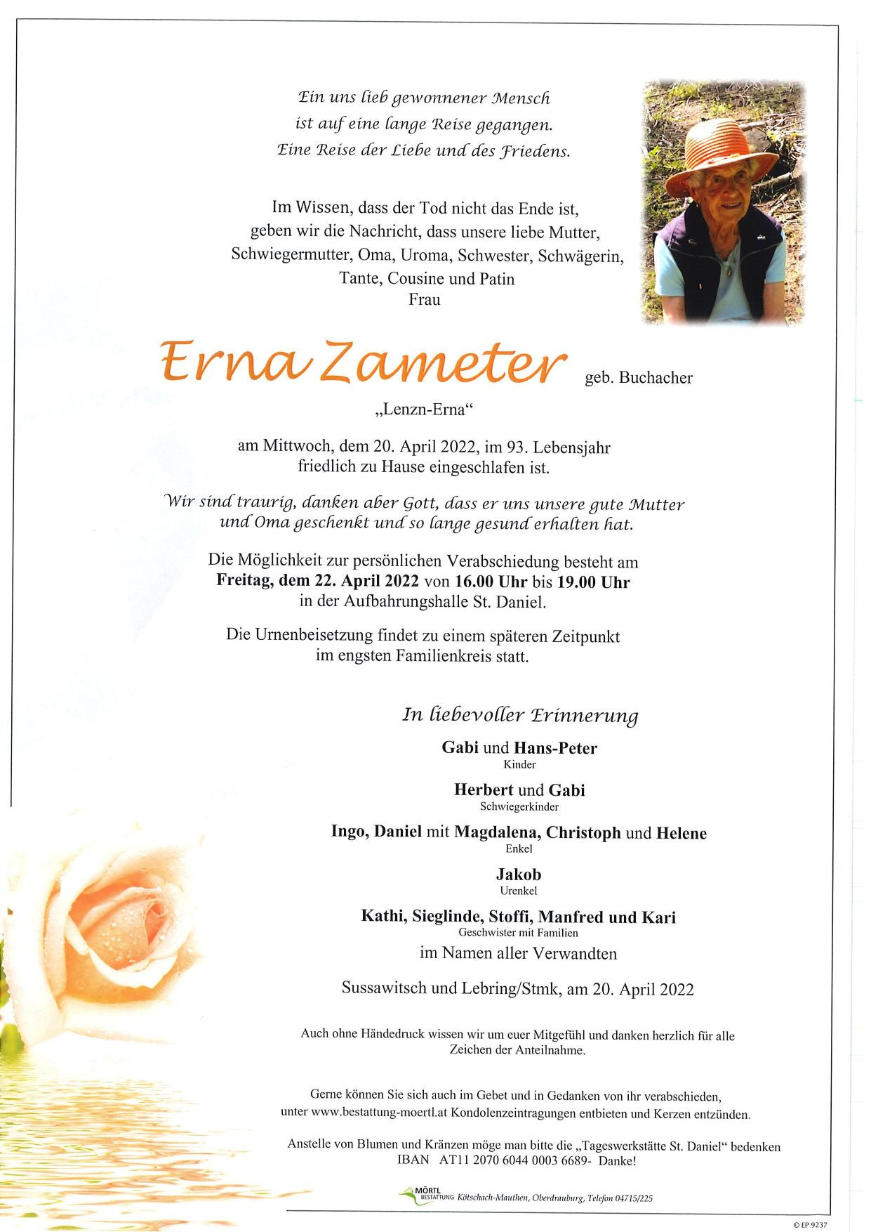 Traueranzeige von Erna Zameter