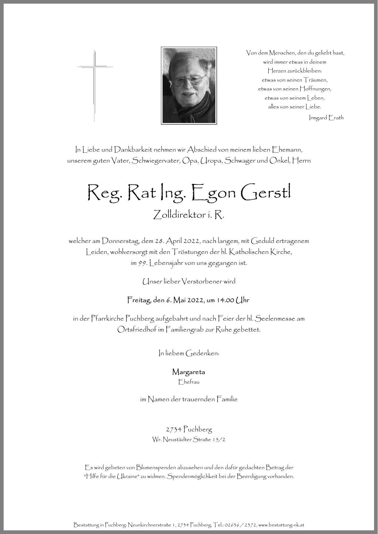 Traueranzeige von Reg. Rat Ing. Egon Gerstl