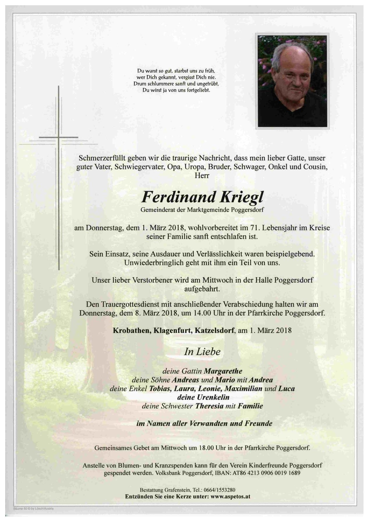 Traueranzeige von Ferdinand Kriegl