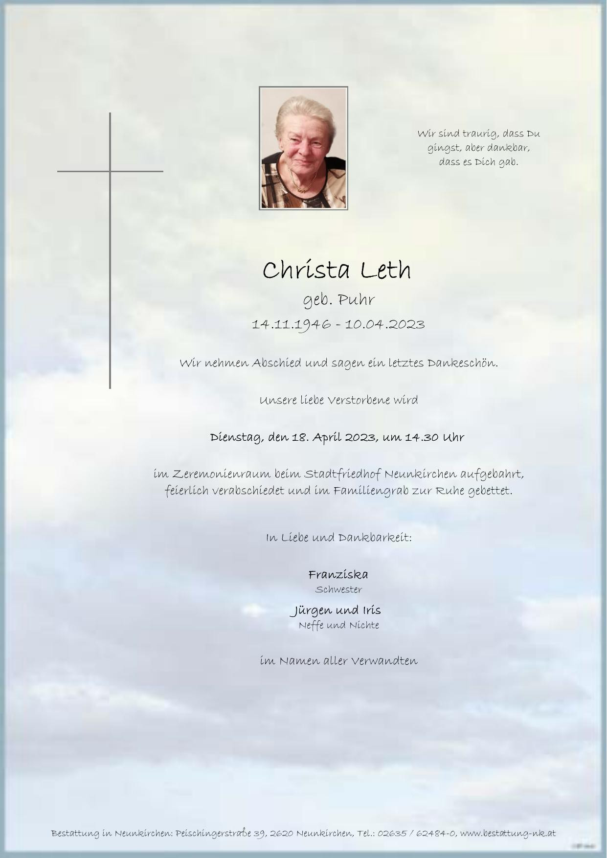 Traueranzeige von Christa Leth