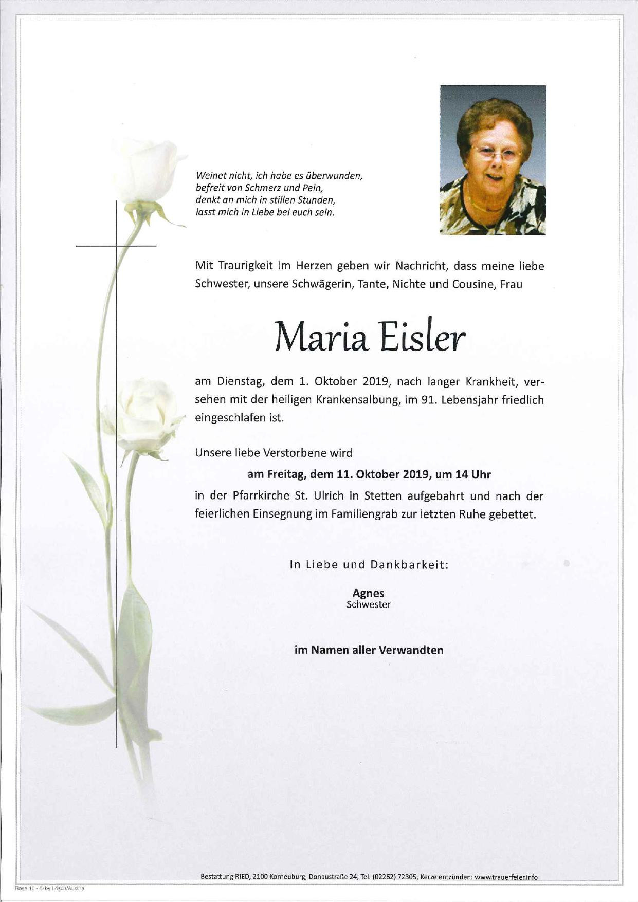 Traueranzeige von Maria Eisler