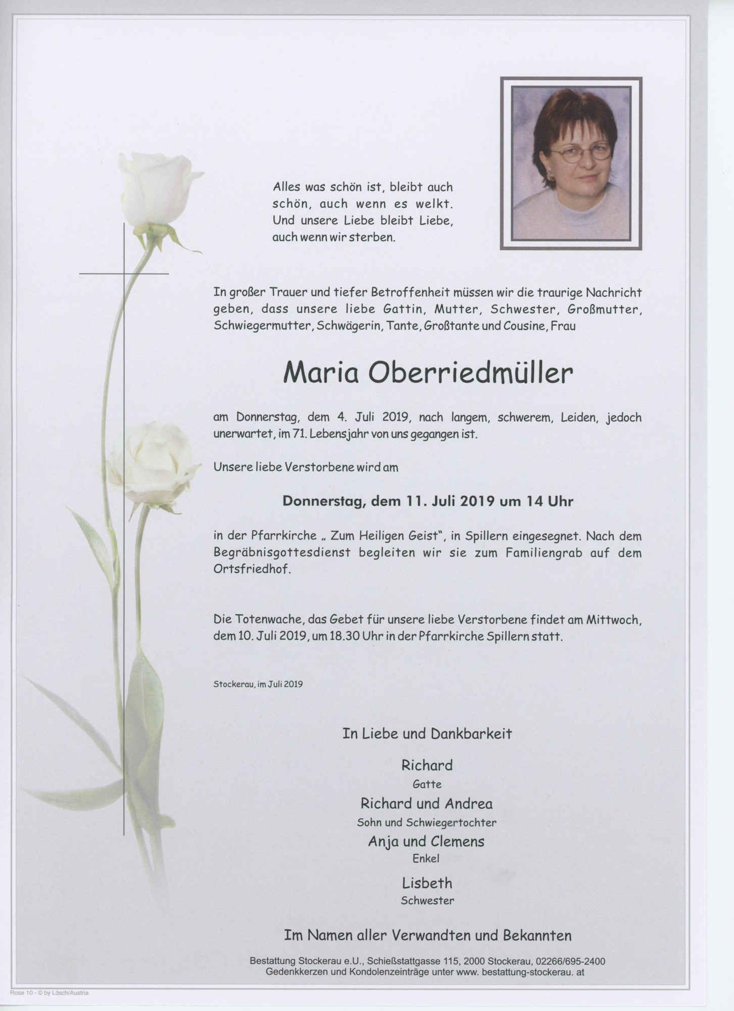 Traueranzeige von Maria Oberriedmüller