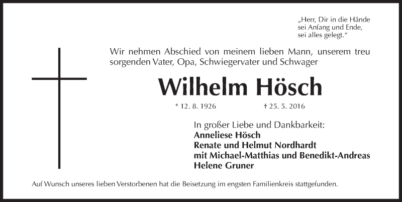 Traueranzeige von Wilhelm Hösch