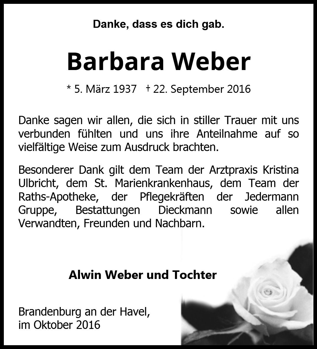 Traueranzeige von Barbara Weber