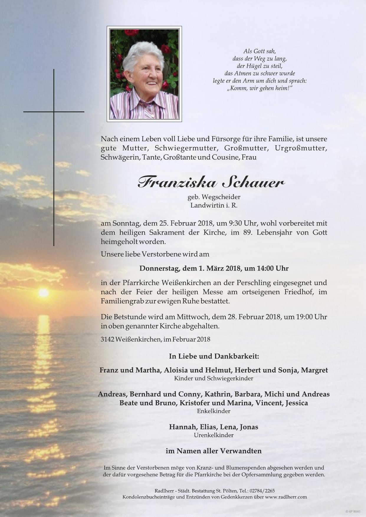Traueranzeige von Franziska Schauer