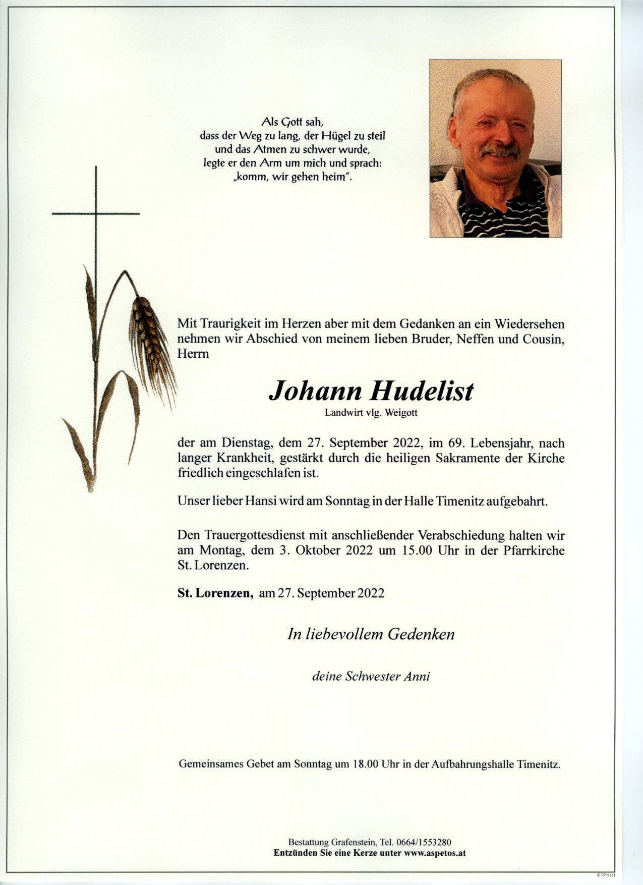 Traueranzeige von Johann Hudelist