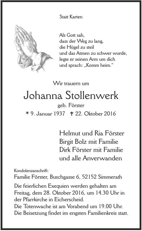 Traueranzeige von Johanna Stollenwerk