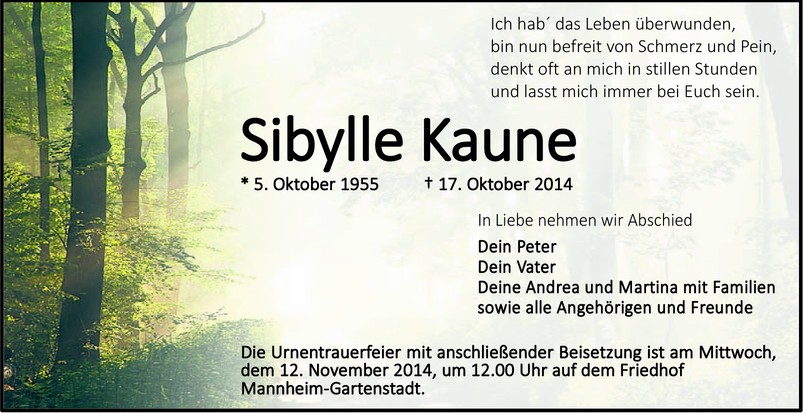 Traueranzeige von Sibylle Kaune