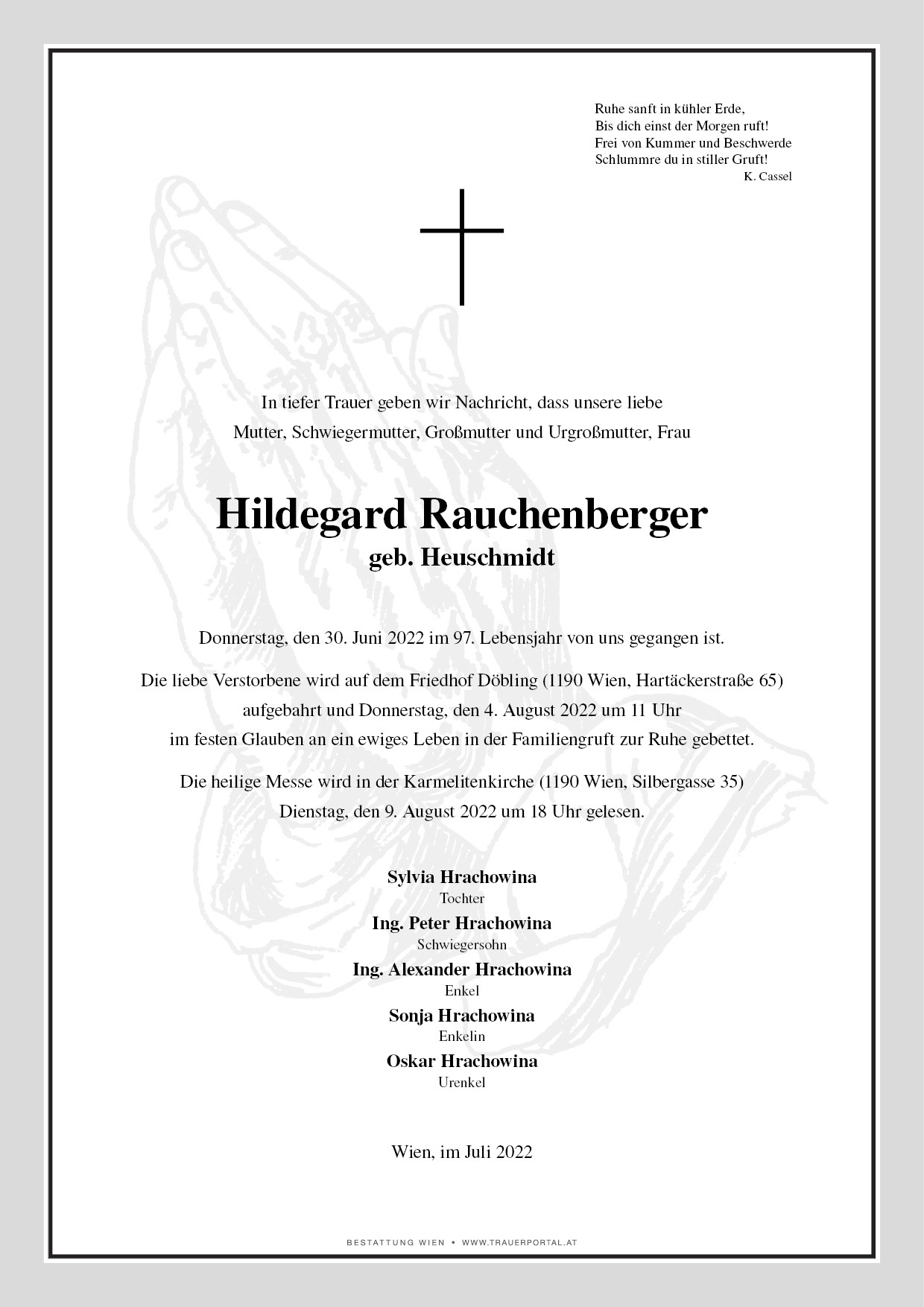 Traueranzeige von Hildegard Rauchenberger