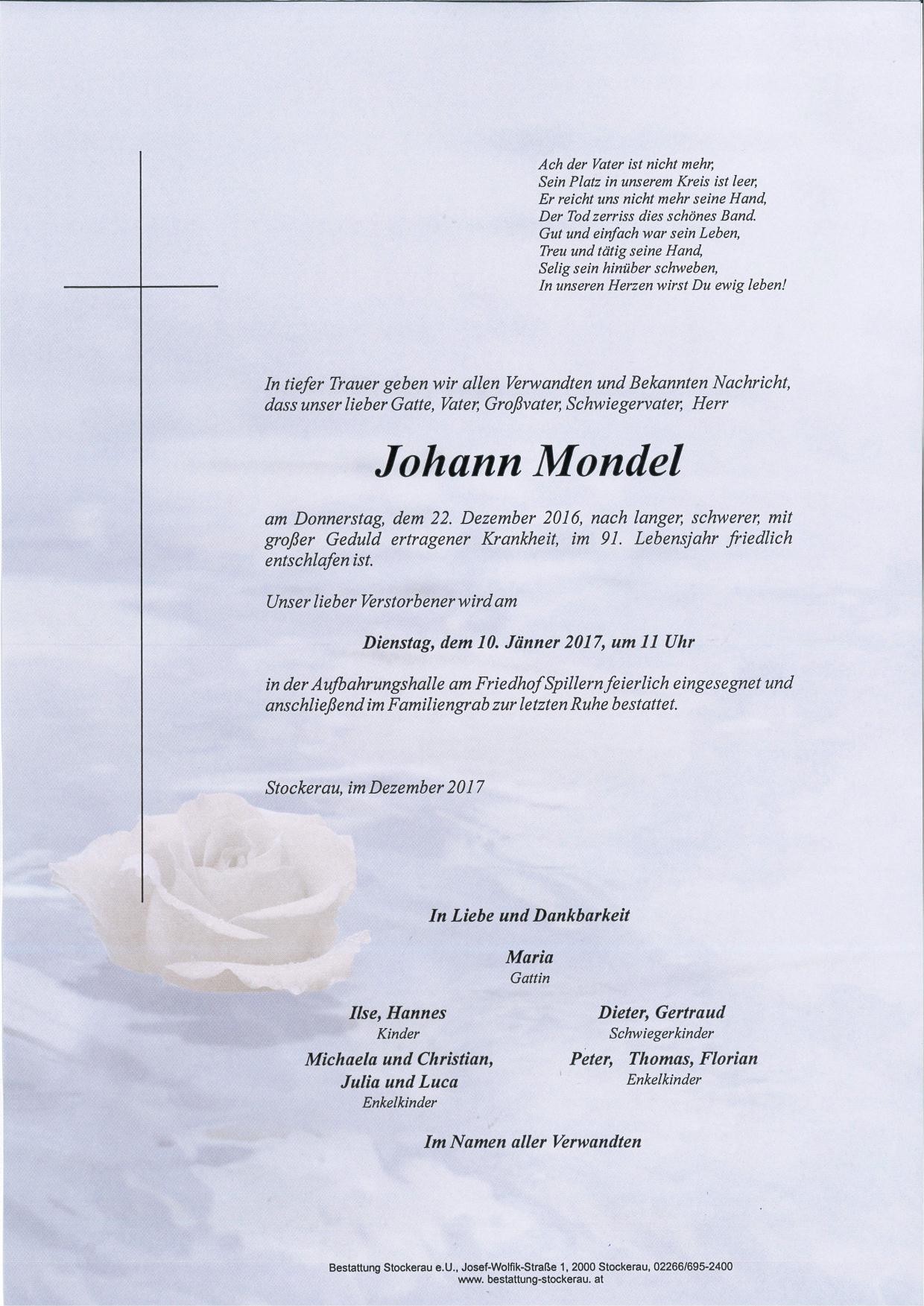 Traueranzeige von Johann Mondel