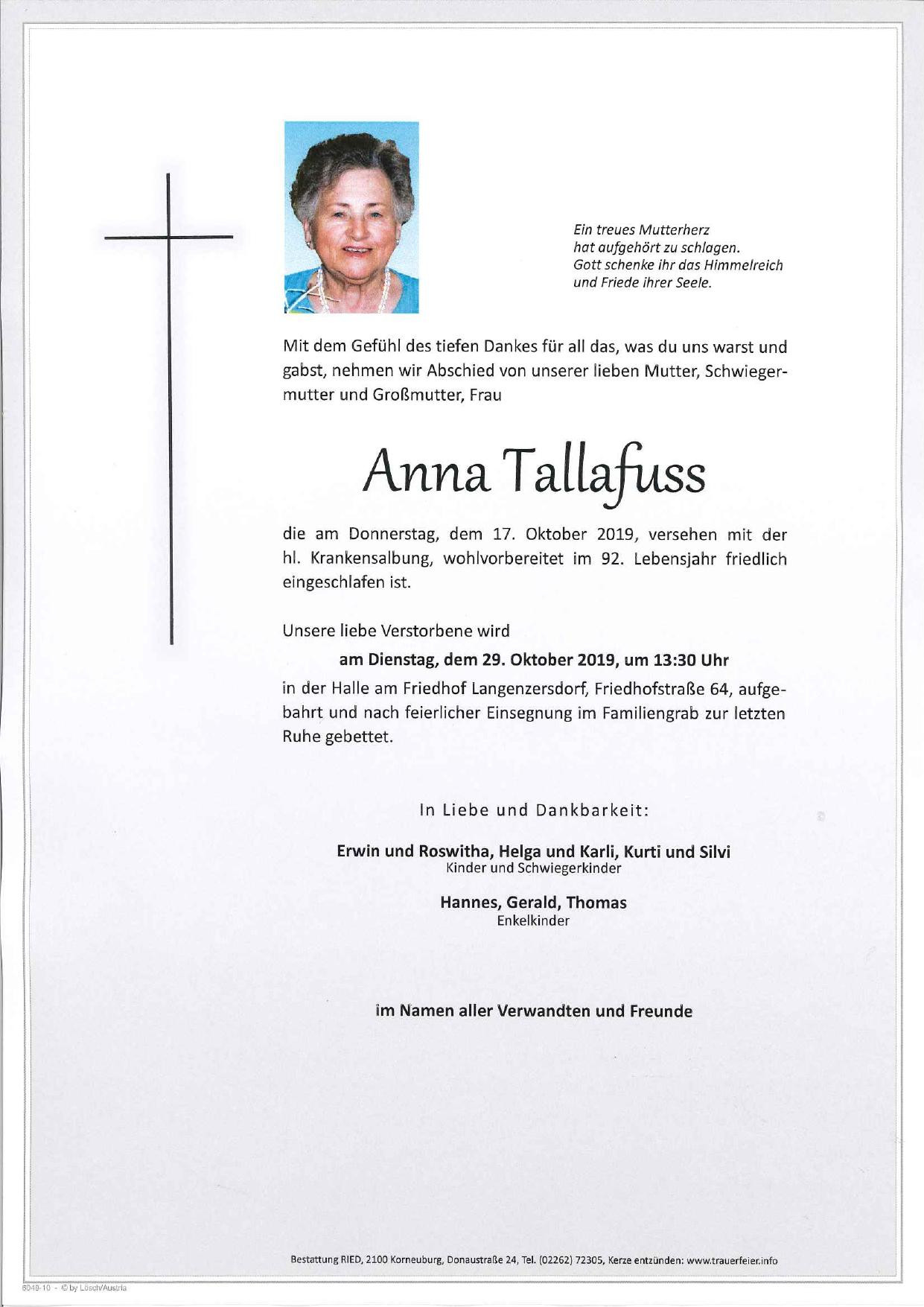 Traueranzeige von Anna Tallafuss