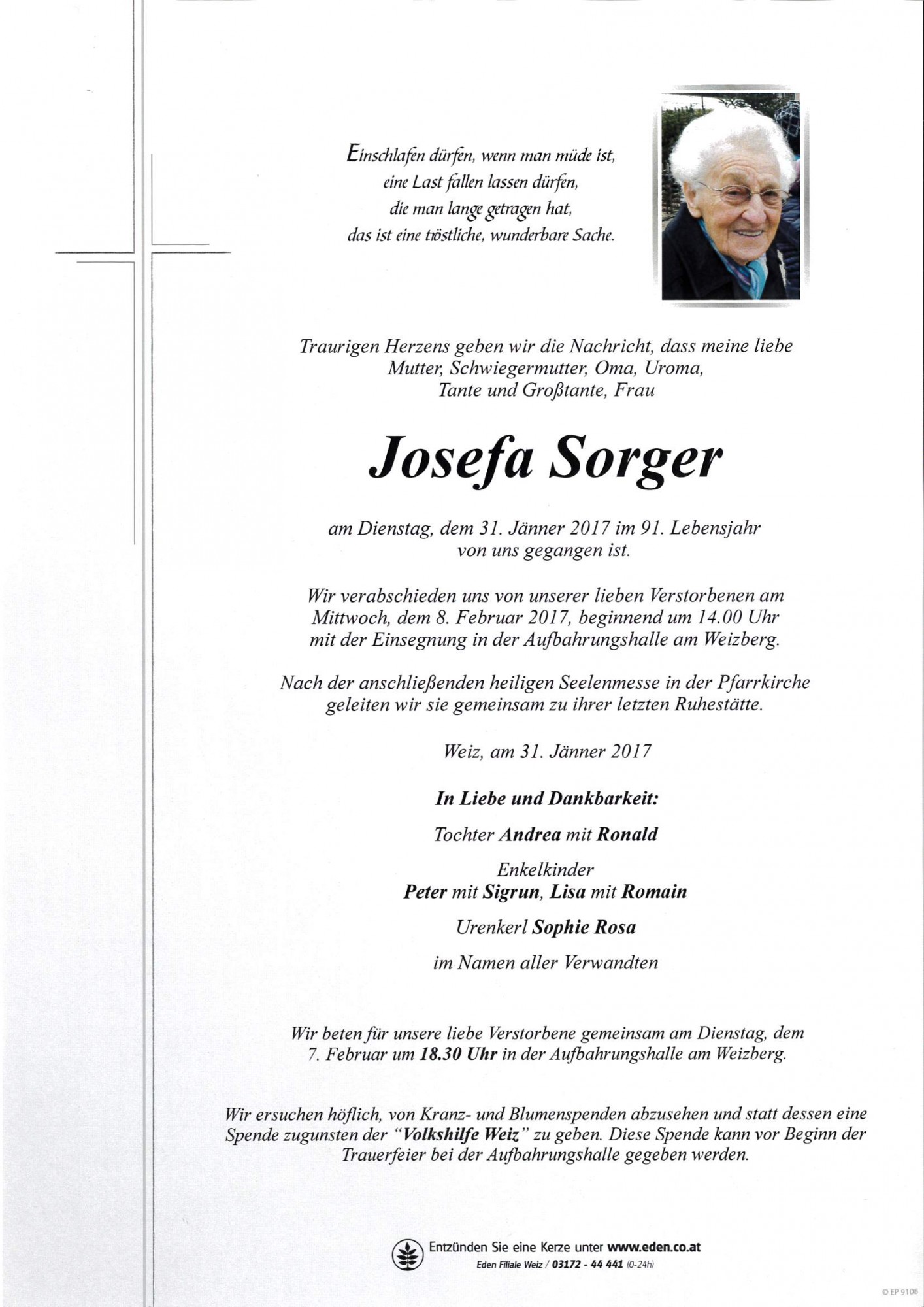 Traueranzeige von Josefa Sorger