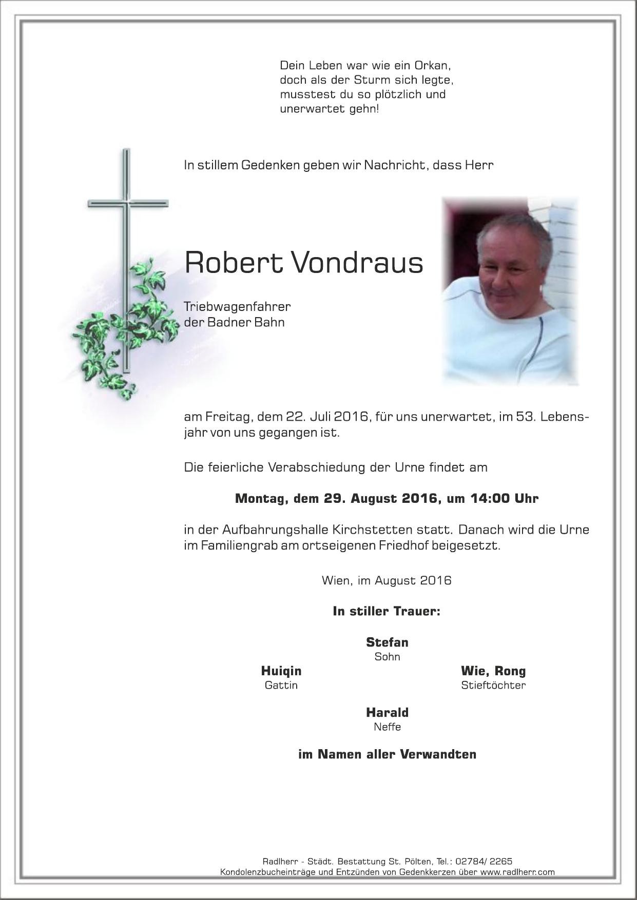 Traueranzeige von Robert Vondraus