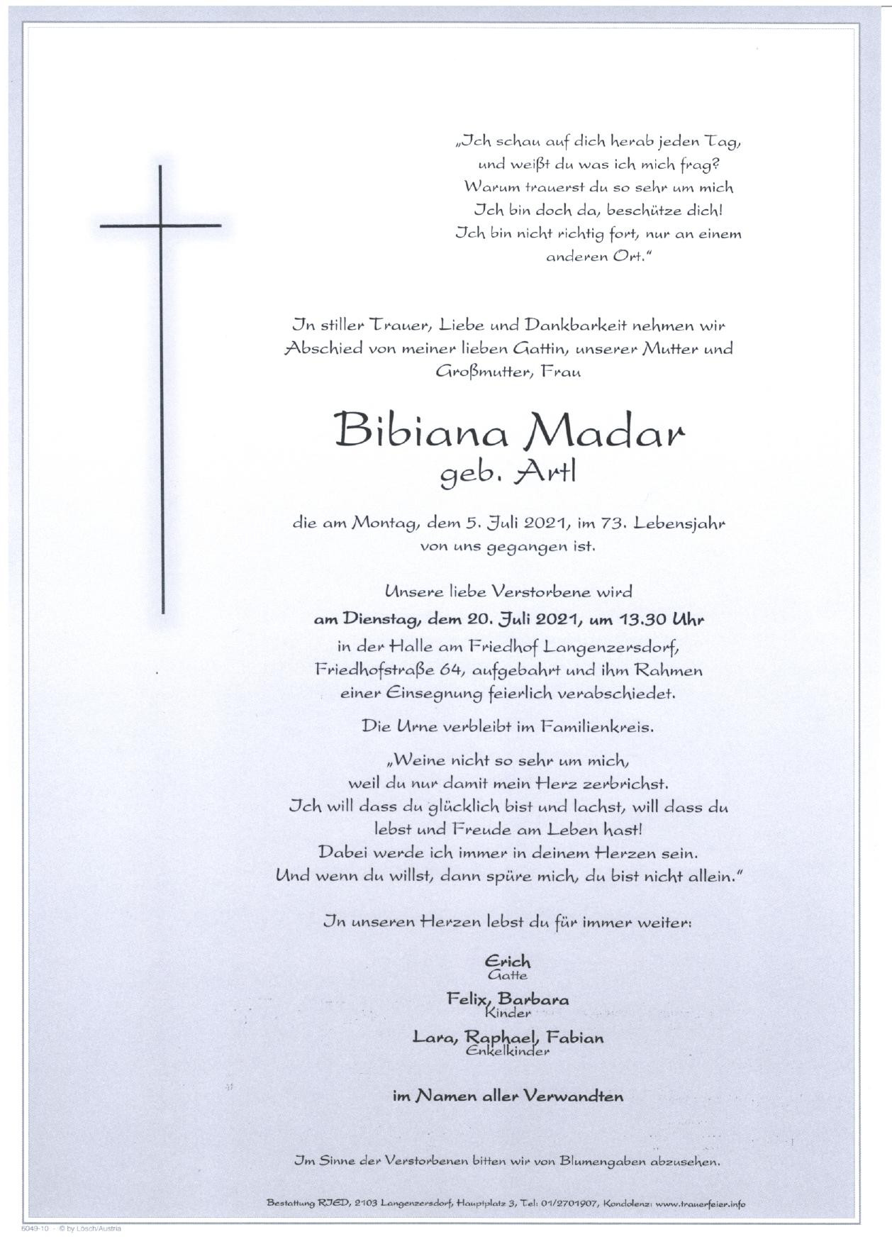 Traueranzeige von Bibiana Madar
