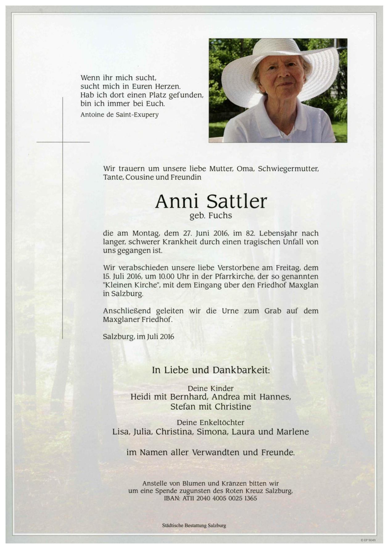 Traueranzeige von Anna Sattler