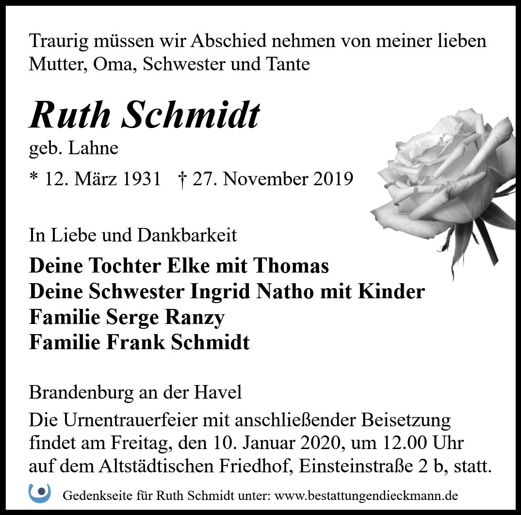 Traueranzeige von Ruth Schmidt