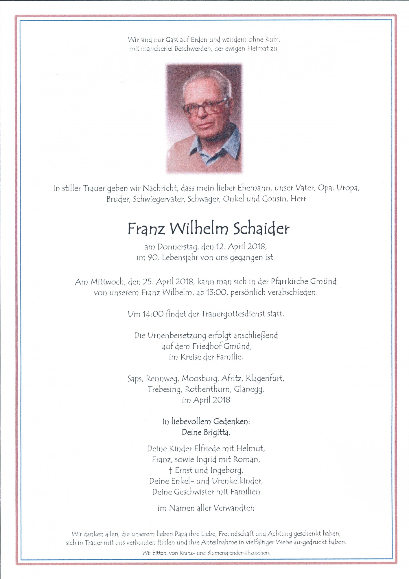 Traueranzeige von Franz Wilhelm Schaider