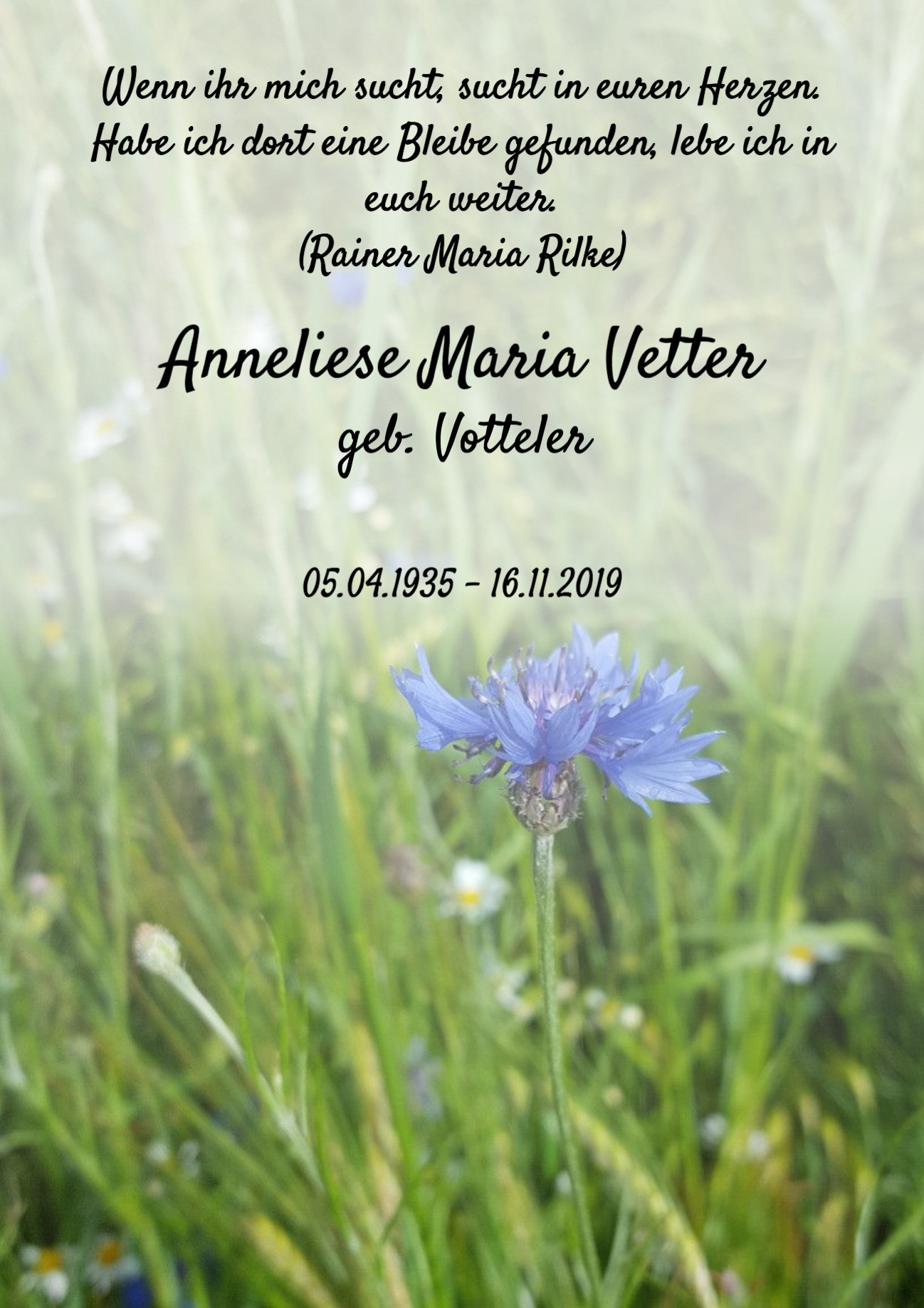 Traueranzeige von Anneliese Maria Vetter