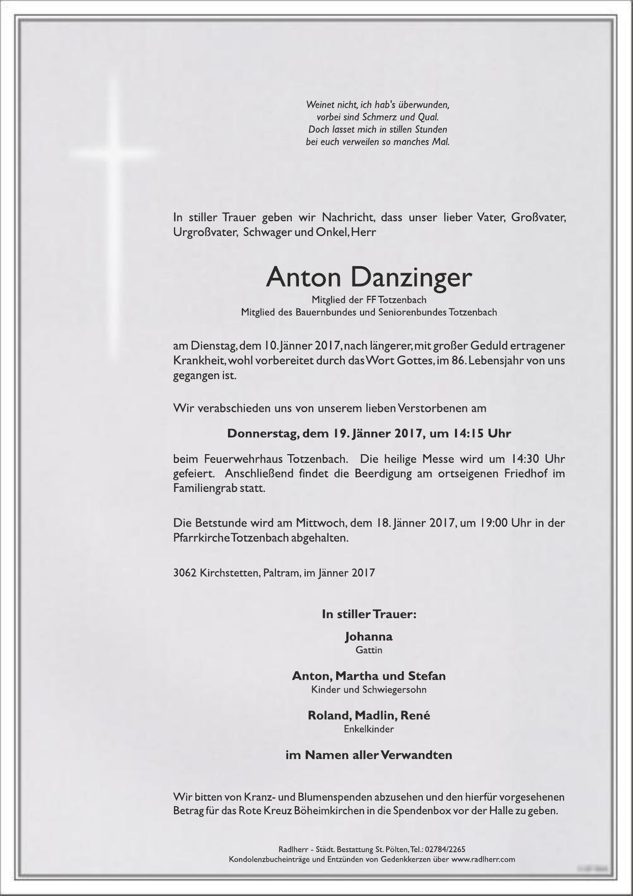 Traueranzeige von Anton Danzinger