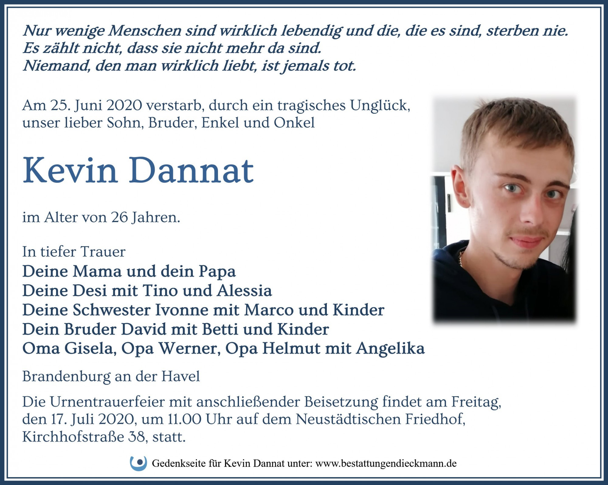 Traueranzeige von Kevin Dannat