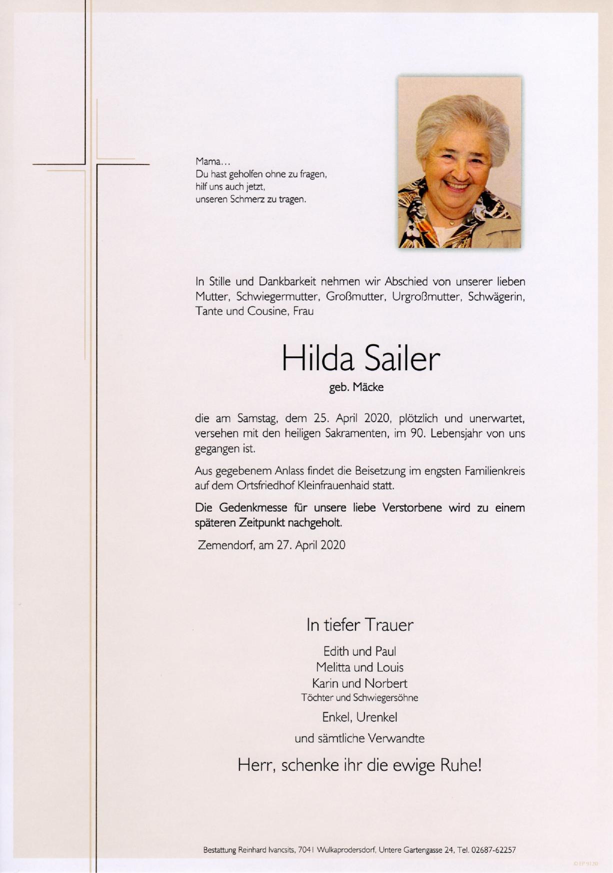 Traueranzeige von Hilda Sailer