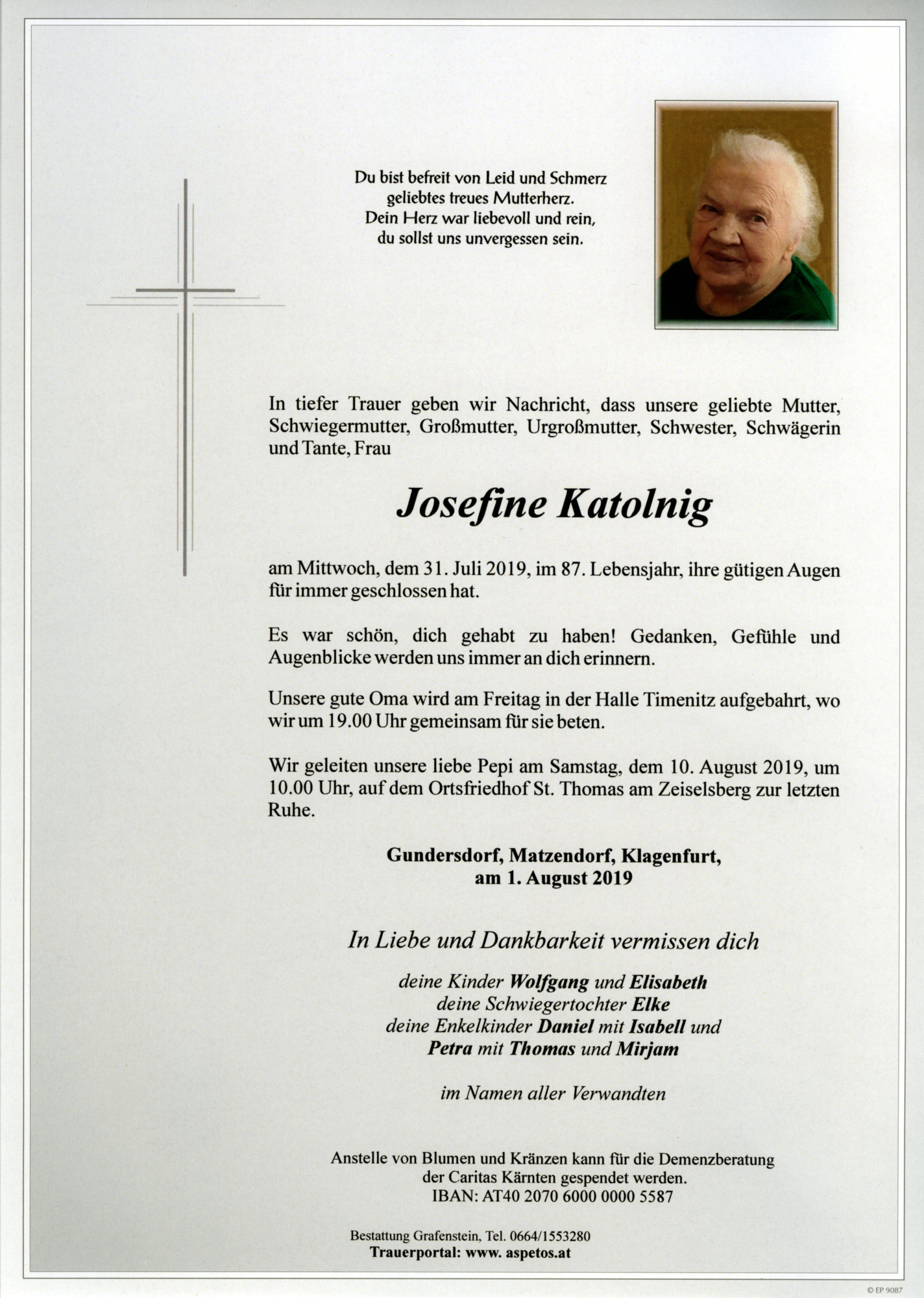 Traueranzeige von Josefine Katolnig